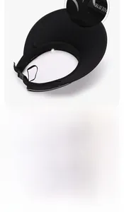 Detail of the detachable windproof rope and interior label on black sun visor hat