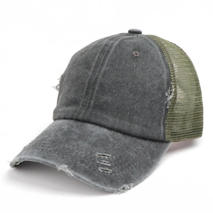 Distressed dark grey washed cotton ponytail cap with olive green breathable mesh detail