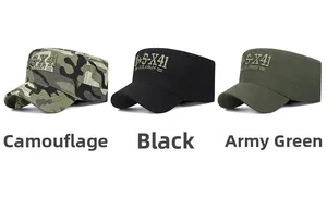 Drei bestickte Militärmützen in Camouflage, Schwarz und Grün mit U.S. ARMY Schriftzug