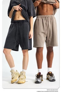 Detailed texture of heavy 420g washed cotton fabric on retro terry sweatshorts