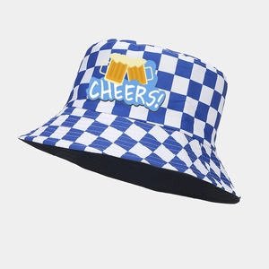Close-up of blue and white checkered bucket hat with Cheers and beer mugs embroidery
