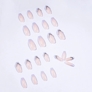 Light purple French long ballet press-on nails with glitter diamond V-shaped accents