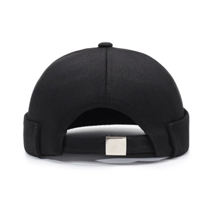Back view of black cotton miki hat with adjustable silver metal buckle and rolled cuff