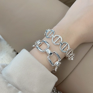 Silver chunky chain bracelet set for women featuring round and rectangular link designs