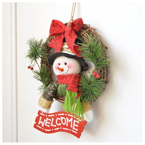 Detail of Christmas snowman wreath with plaid scarf, pine needles and Welcome sign