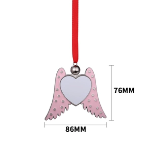 Sublimation heart wing ornament with pink polka dots and red ribbon, size 86x76mm