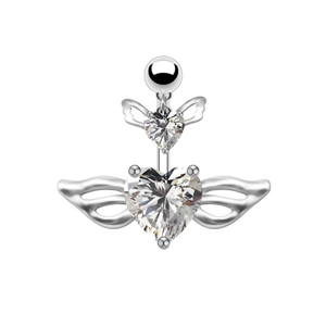 Silver belly ring featuring heart-shaped zircon and angel wings on a clean white backdrop