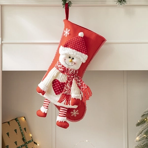 Red Christmas stocking decoration with 3D snowman doll and snowflake embroidery