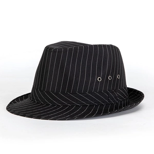 Classic black men's fedora hat with white pinstripes and metal eyelets on white background