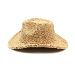 Detail of soft khaki sherpa texture on a wide brim western cowboy hat for winter
