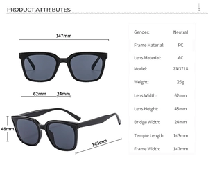 Detailed size specifications and product attributes for black square sunglasses ZN3718