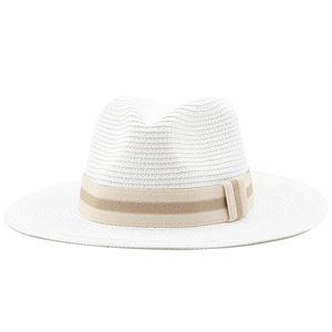Classic white woven straw sun hat with striped ribbon band for beach and outdoor travel