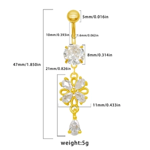 Guide des dimensions pour piercing de nombril fleur dorée avec zircons cubiques clairs