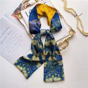 Elegant Long Skinny Scarf Faux Satin Satin Floral Abstract Print Double Layer Retro Neck Tie For Women Hair Bag Decor