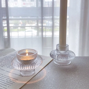 Portacandele In Vetro Scanalato Supporto Per Lumini Cristallo Trasparente Doppio Uso UFO Candeliere Per Decorazione Tavola