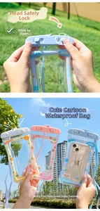 Detail view of universal waterproof phone pouch with secure buckle lock and cartoon motifs