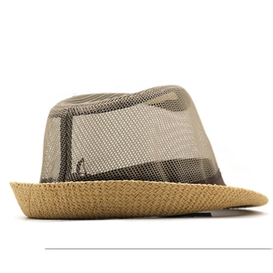 Detail view of the breathable mesh crown and woven straw brim on this summer fedora hat