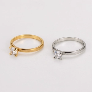 Frosted matte gold and silver couple rings with solitaire zircon stone inlay