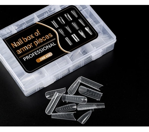 Detailed view of 288pcs transparent nail extension molds in a professional grid storage box