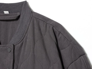 Detail of dark grey quilted jacket showing ribbed collar and wave-pattern stitching texture