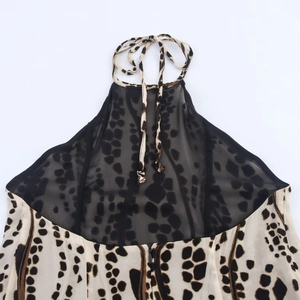 Detail view of leopard print halter neckline with black semi-transparent mesh paneling