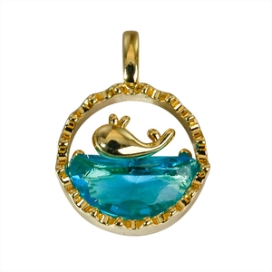 Golden ocean dolphin pendant necklace with blue crystal and micro-pave cubic zirconia