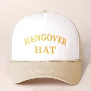 Y2K women's mesh trucker hat featuring white panels and beige brim with hangover embroidery