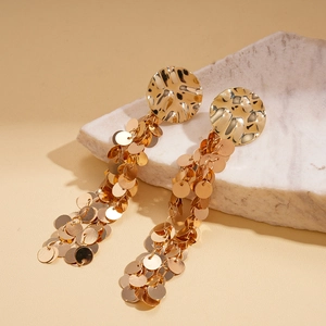 Elegant gold layered sequin tassel earrings with hammered round studs and long metallic chains