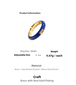 Detail view of blue enamel adjustable ring with zircon stone, 0.4cm width and 4.67g weight