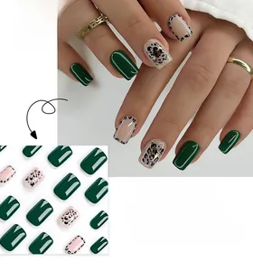 Short square press-on nails with green glossy finish and pink leopard pattern #JP3047