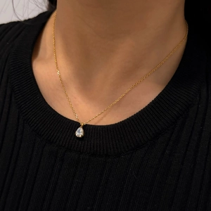Water Drop Pendant Necklace Stainless Steel With Pear Cut Clear Zircon Elegant Jewelry For Women Daily Accessory