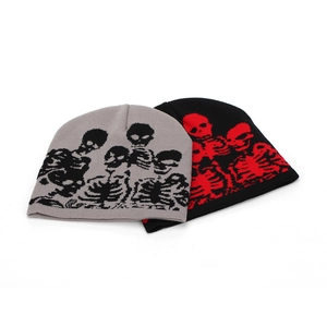 Winter knitted skull beanie hats in black-red and grey-black street style embroidery