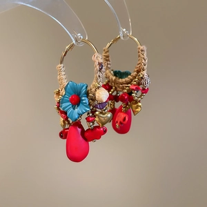 Bohemian silver needle hoop earrings with beige weaving and sky blue flowers