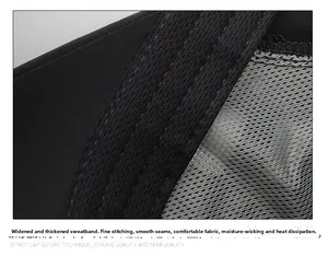 Detail of widened sweatband and breathable mesh lining with fine stitching for cooling