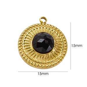 Detail of 15mm round 14K gold plated bohemian pendant with faceted black gemstone inlay