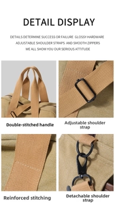 Macro details of khaki canvas travel bag showing reinforced stitching and metal buckles