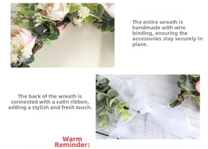 Detail view of handmade flower crown with iron wire base and white ribbon closure