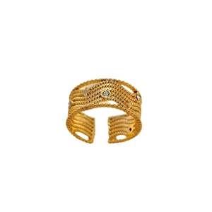 Vintage gold geometric ring with woven texture, star cutouts and small zircons