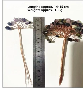 Detail of handmade crystal money tree branches with wire wrapping and scale reference