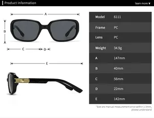 Detailed size specifications for vintage aviator sunglasses with square frame measurements