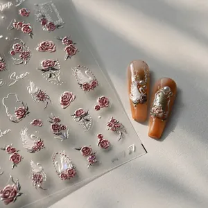 Detailed 3D relief nail sticker featuring vintage pink roses and white swans, model M-797