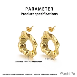 Irregular lava textured gold stainless steel hoop earrings with dimensional specs