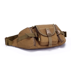Waterproof tactical waist bag in khaki nylon with multi-pocket design and buckle strap