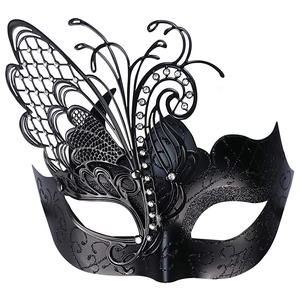 Luxurious black butterfly metal filigree masquerade mask with sparkling rhinestones decoration