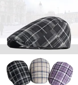 Detailed comparison of three retro plaid wool berets in grey, beige blue, and purple tones