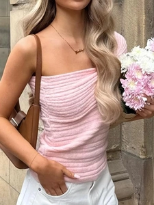 Haut Débardeur en Tricot Rose Élégant pour Femmes Épaule Asymétrique Camisole Plissée à Torsade Coupe Slim pour le Quotidien