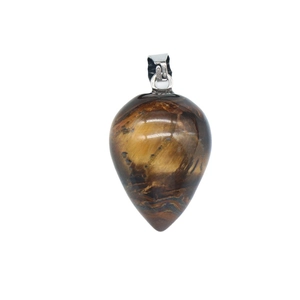 Polished tiger eye stone teardrop pendant with silver metal bail on white background