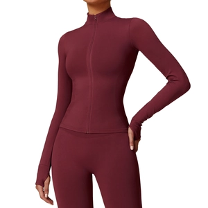 Women's burgundy seamless yoga set with stand collar zipper jacket and leggings