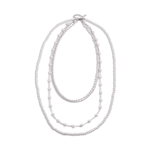Exaggerated multilayer faux pearl and silver chain necklace in a baroque vintage style
