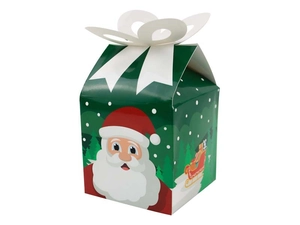 Detailed view of dark green Christmas gift box with Santa print and white bow closure